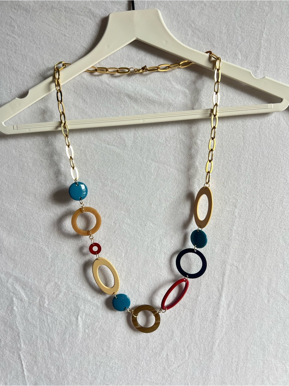 Colorful Linked Geometric Long Necklace - Gold, Teal, Red, Navy